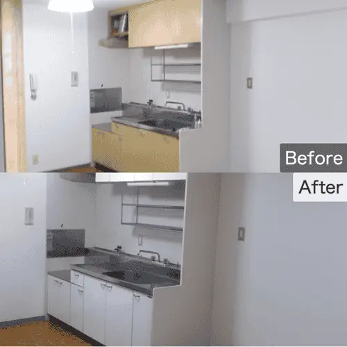 キッチン吊り戸棚とシンク下収納の扉のダイノックシート貼り