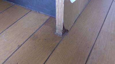 腐食したキッチン足元のプリント合板の補修前