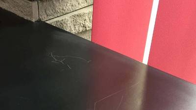 補修前の下駄箱天板の線傷