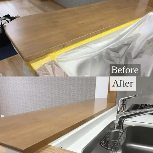 カットしたキッチンカウンターの木口の塗装