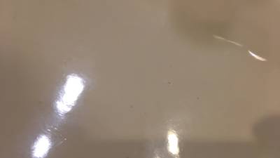 洗面ボウルの底面にできた複数の小さな白い欠け傷の拡大写真