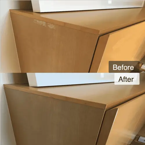 粘着テープで剥がれた玄関下駄箱のシート補修