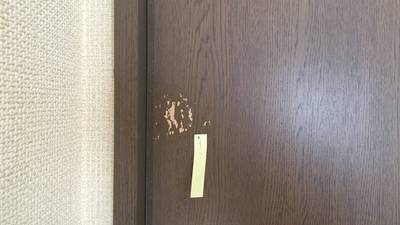 表面シートが剥がれた室内ドアの別角度からの写真